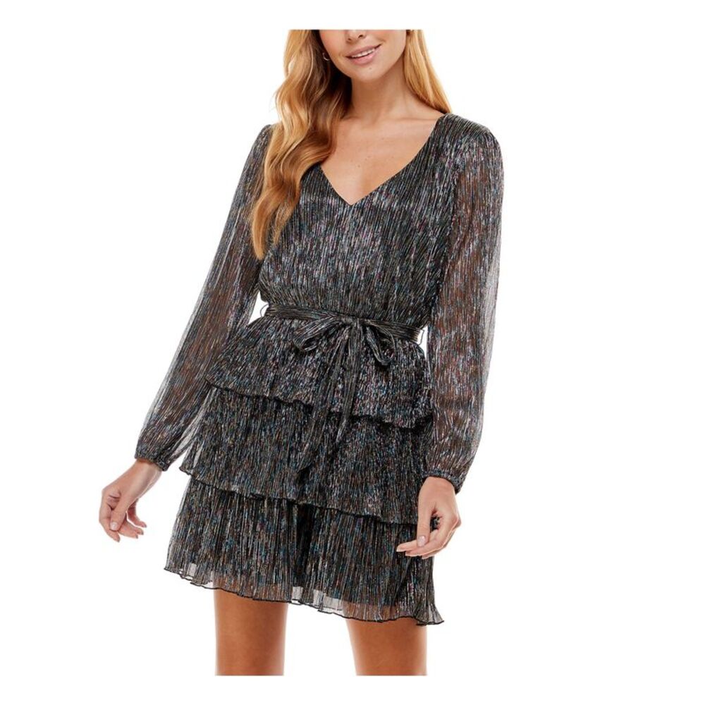 CITY STUDIO Womens Short Dress Black Back Button Tie Waist Juniors XXS